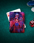 Personalized playing card featuring four dogs in a "Chewing Things" cartoon style, on a green felt table with an ace and dice.