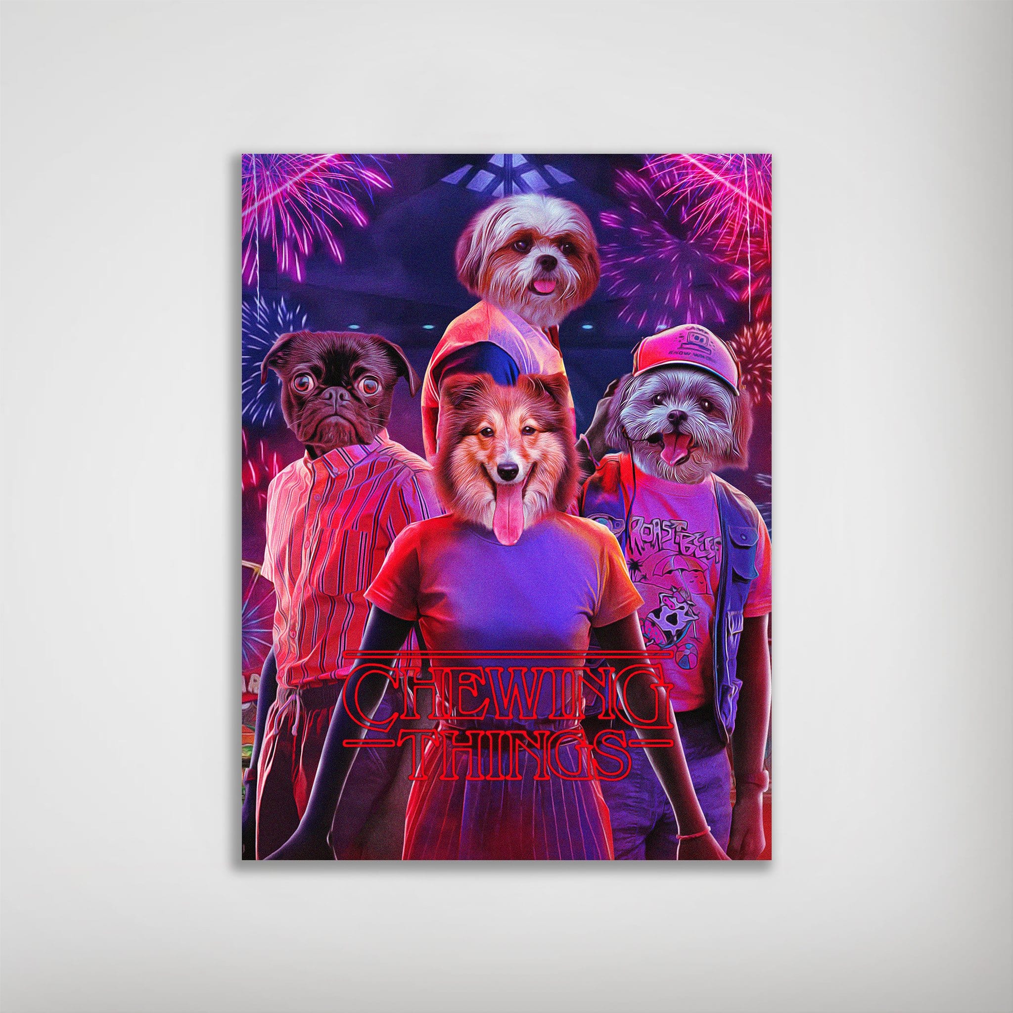 Personalized 'Chewing Things' poster featuring four pets with human bodies, vibrant fireworks, and a matte finish.