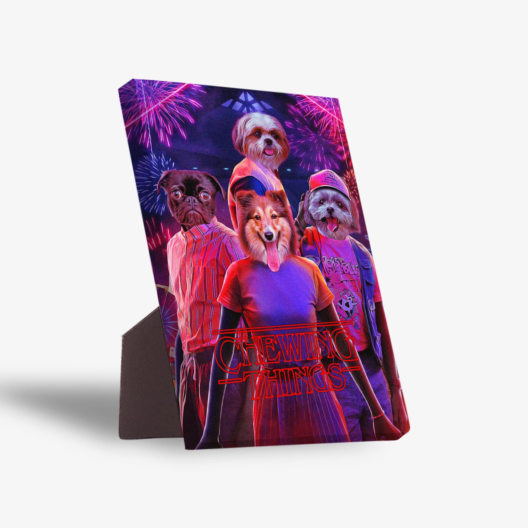 Personalized 'Chewing Things' standing canvas featuring four pets in Stranger Things-style outfits with fireworks.