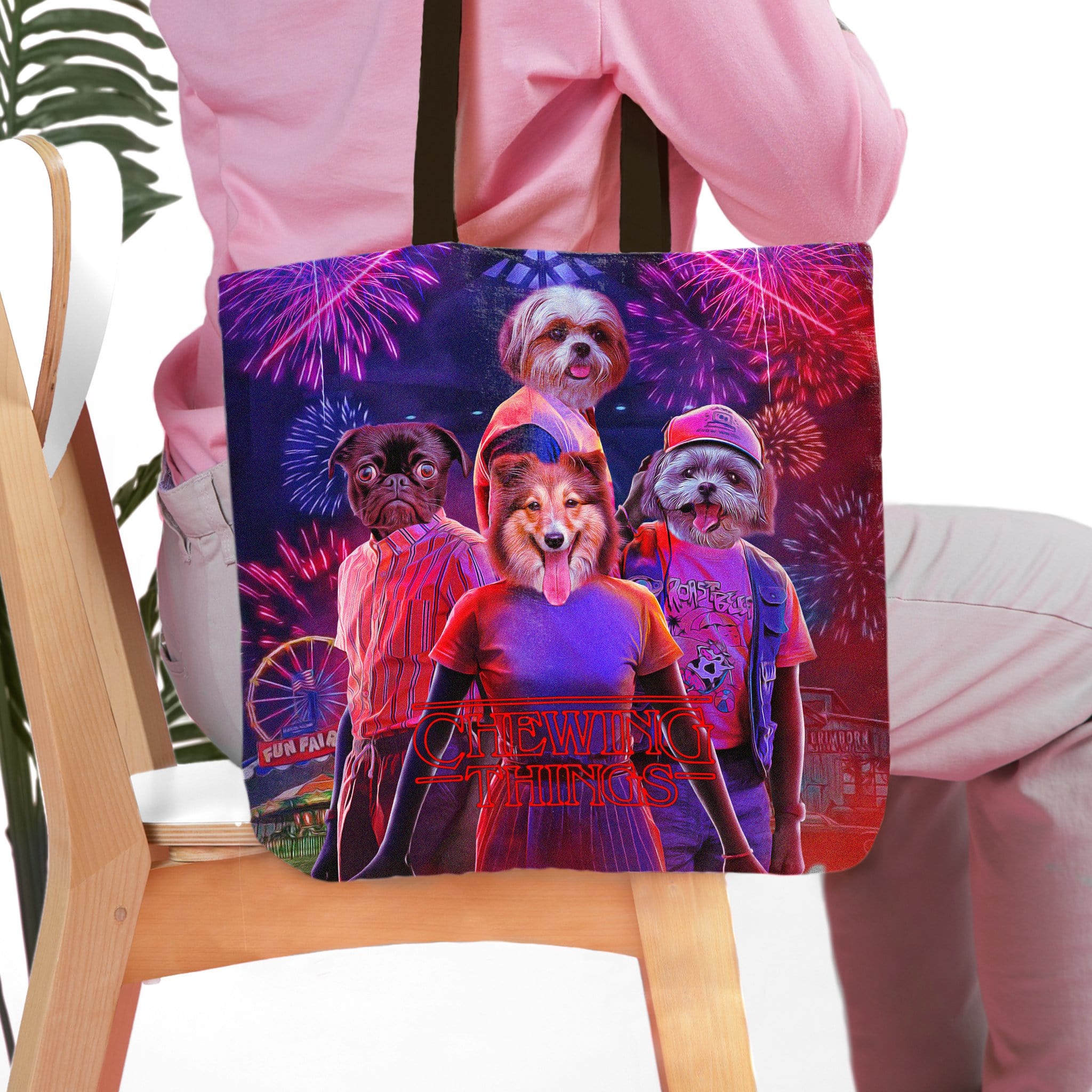 Personalized 4 pet tote bag with dogs in "Chewing Things" cartoon style, fireworks background.