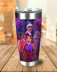 Personalized stainless steel tumbler with custom cartoon portraits of four pets in a "Chewing Things" theme.