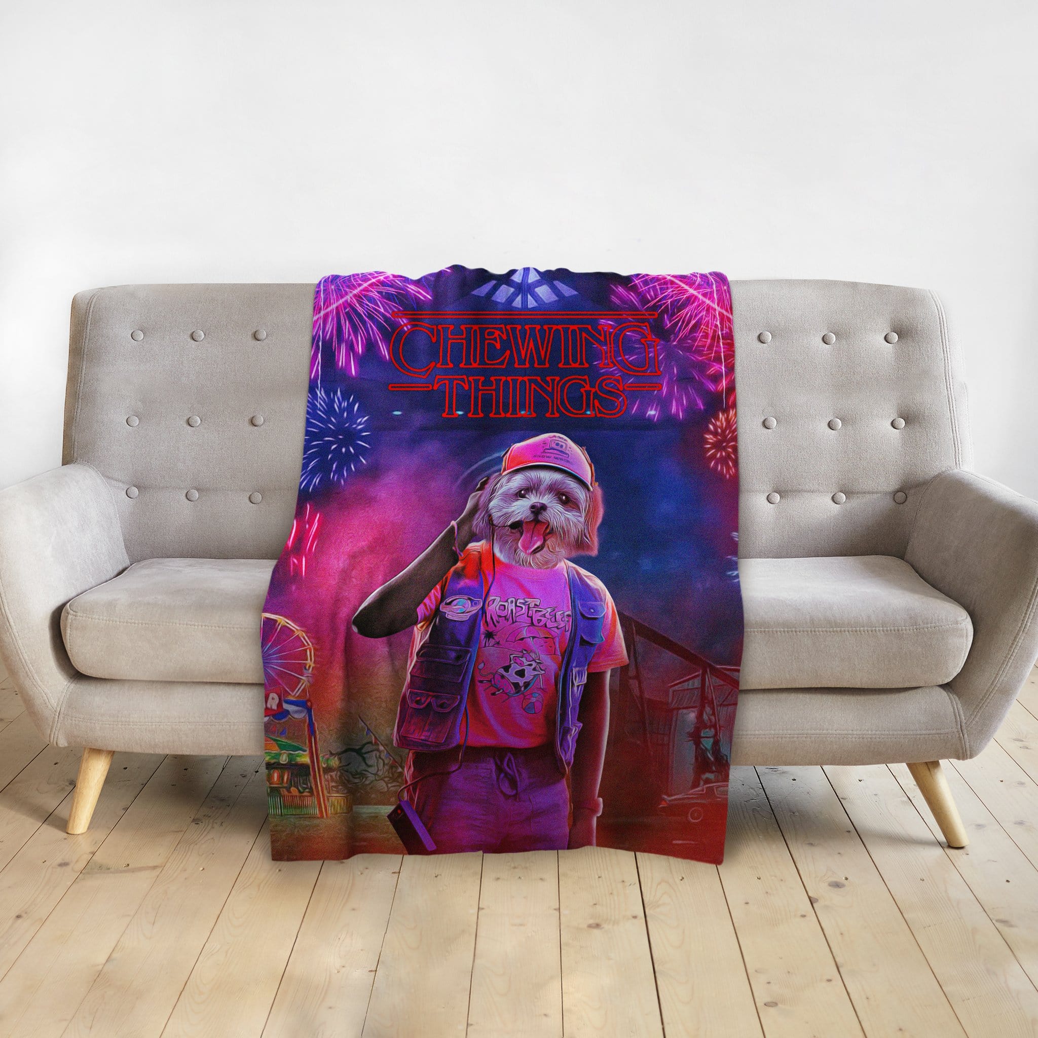 Personalized pet blanket with a dog's head on a human body, "Chewing Things" text, and fireworks.