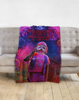 Personalized pet blanket with a dog's head on a human body, "Chewing Things" text, and fireworks.