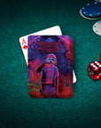 Personalized pet playing card featuring a dog in a "Chewing Things" cartoon style, on a green felt table.