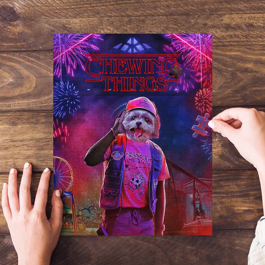 Personalized pet puzzle featuring a dog in a "Chewing Things" themed portrait with fireworks.