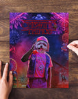 Personalized pet puzzle featuring a dog in a "Chewing Things" themed portrait with fireworks.