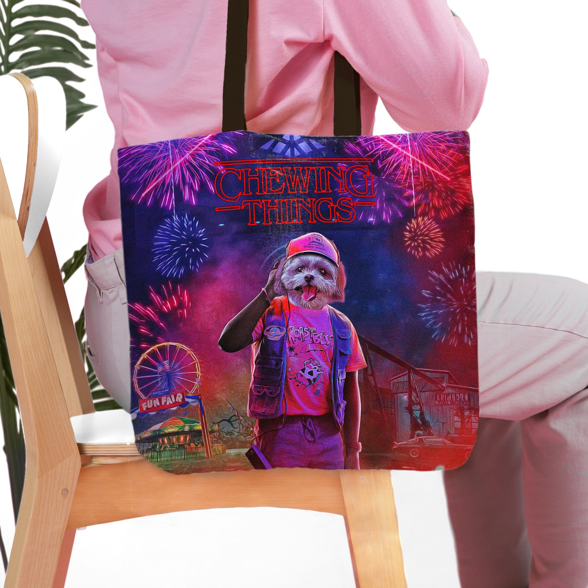 Personalized pet portrait tote bag with a dog in a cartoon style at a funfair with fireworks.