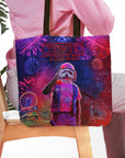 Personalized pet portrait tote bag with a dog in a cartoon style at a funfair with fireworks.