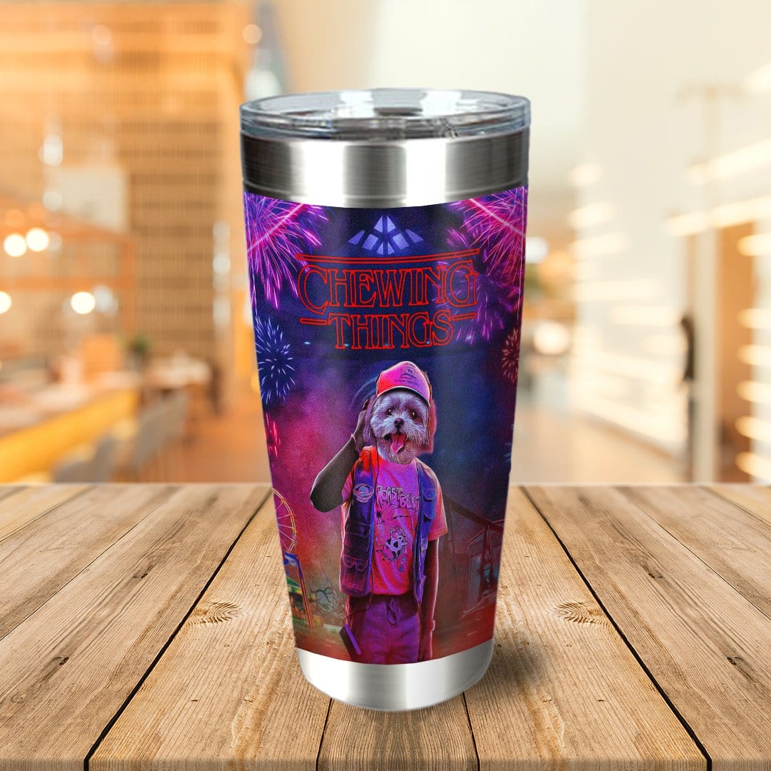 Personalized stainless steel tumbler with a dog in a "Chewing Things" Stranger Things-style portrait.