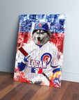 Personalized pet canvas featuring a husky in a Chicago Cubs baseball uniform with a city skyline background.