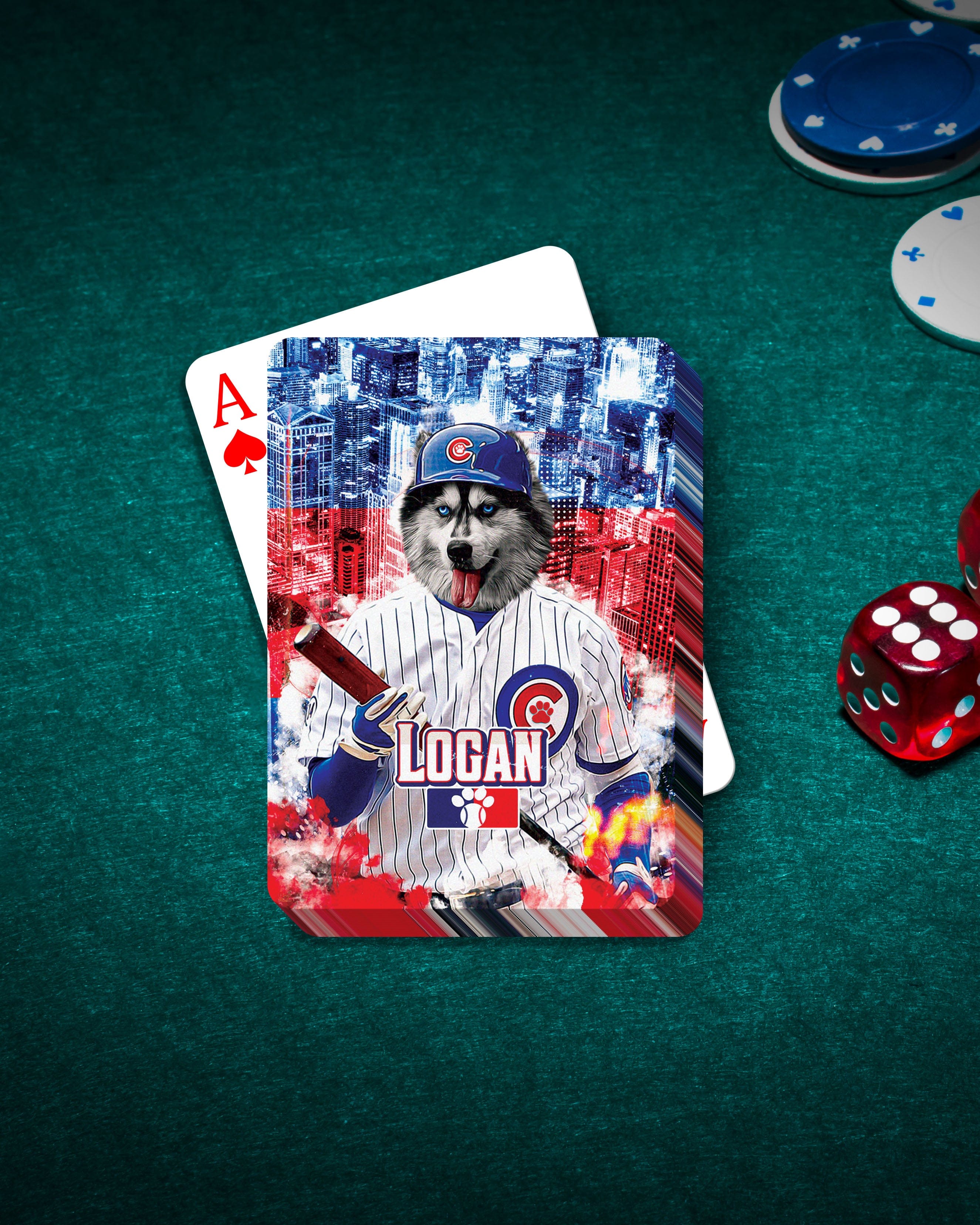 Personalized Chicago Cubdogs playing card featuring a husky pet portrait in a baseball uniform.
