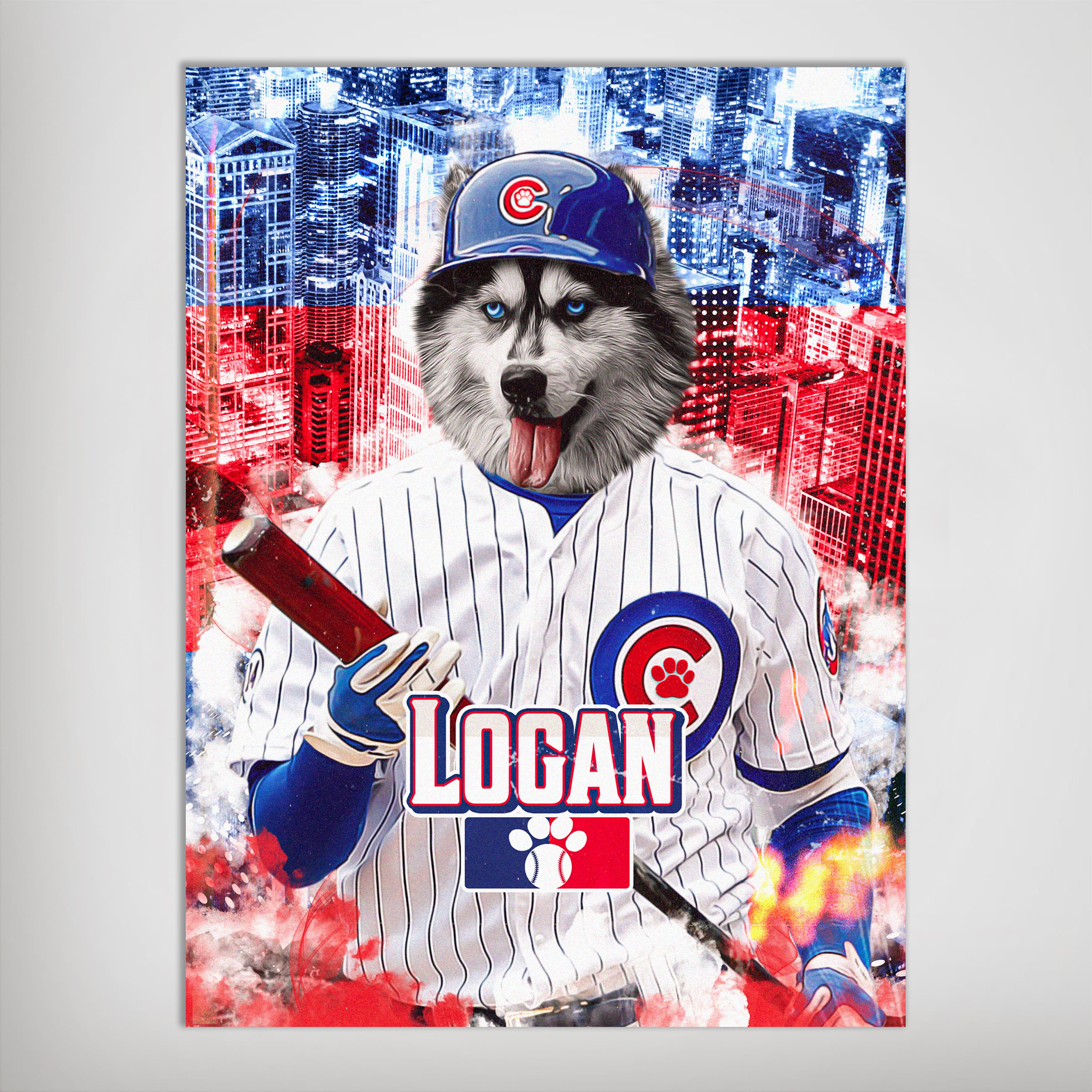 Personalized Chicago Cubdogs poster featuring a husky in a Cubs uniform, holding a bat, with a city background.