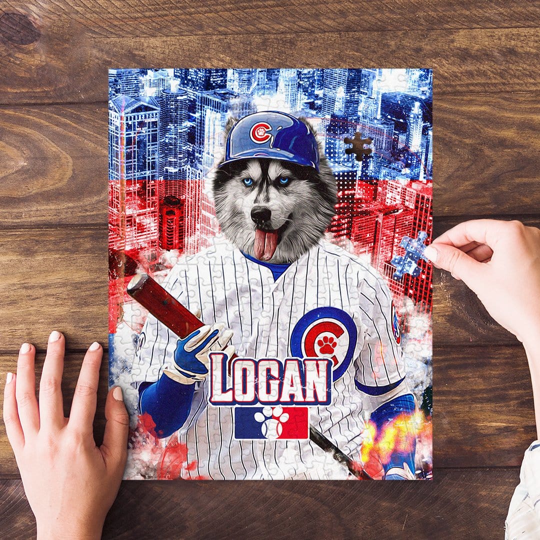 Personalized Chicago Cubdogs baseball pet puzzle featuring a husky in a uniform.