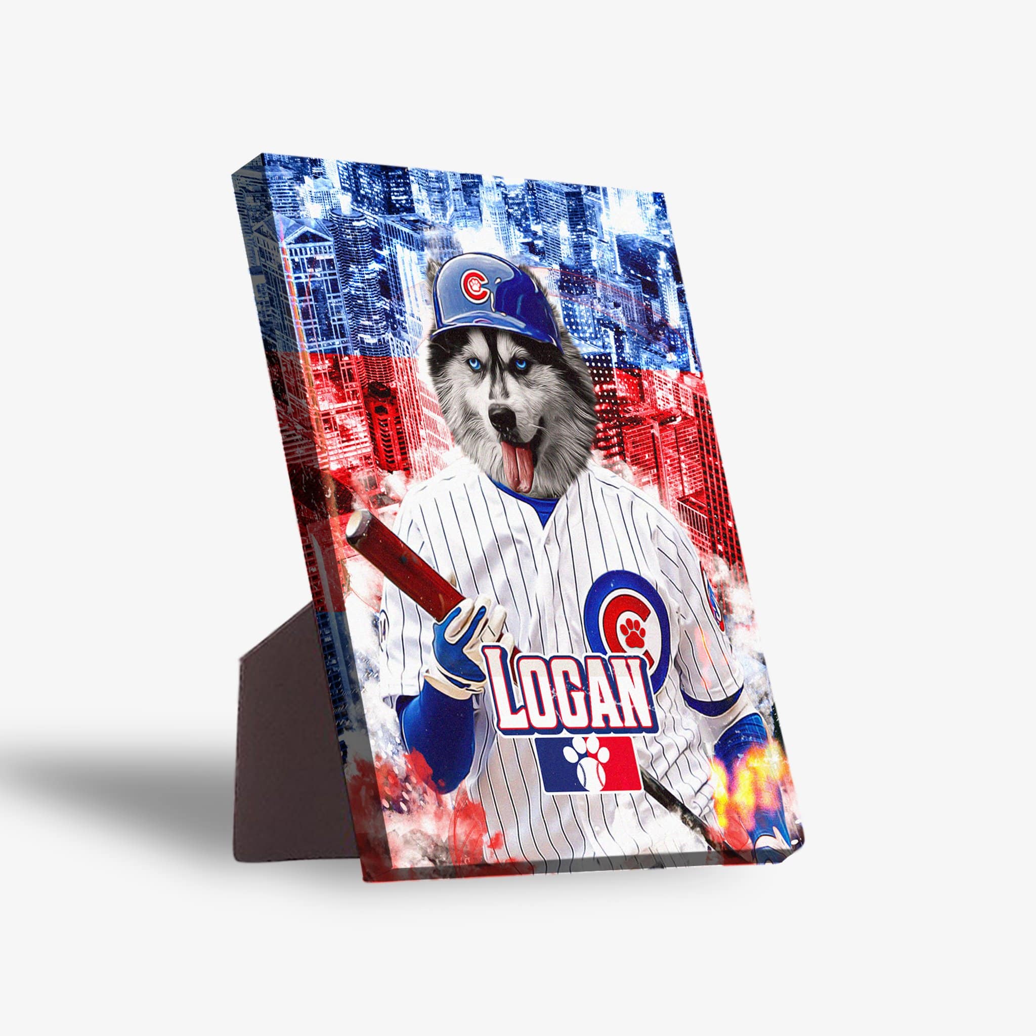 Personalized Chicago Cubdogs pet standing canvas featuring a husky in a baseball uniform with a city skyline background.