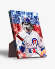Personalized Chicago Cubdogs pet standing canvas featuring a husky in a baseball uniform with a city skyline background.