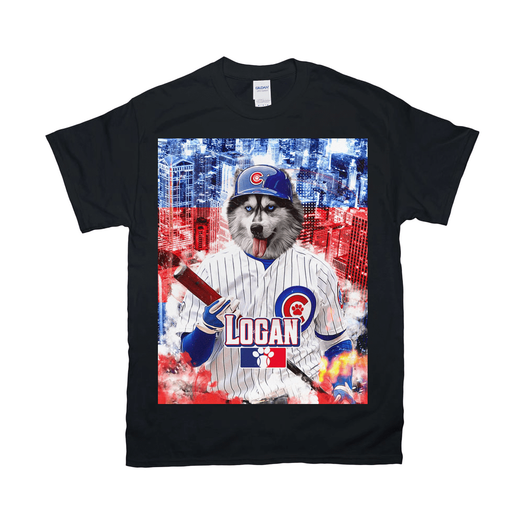 Black Gildan t-shirt with a husky in a personalized Chicago Cubs baseball uniform holding a bat.