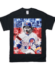 Black Gildan t-shirt with a husky in a personalized Chicago Cubs baseball uniform holding a bat.