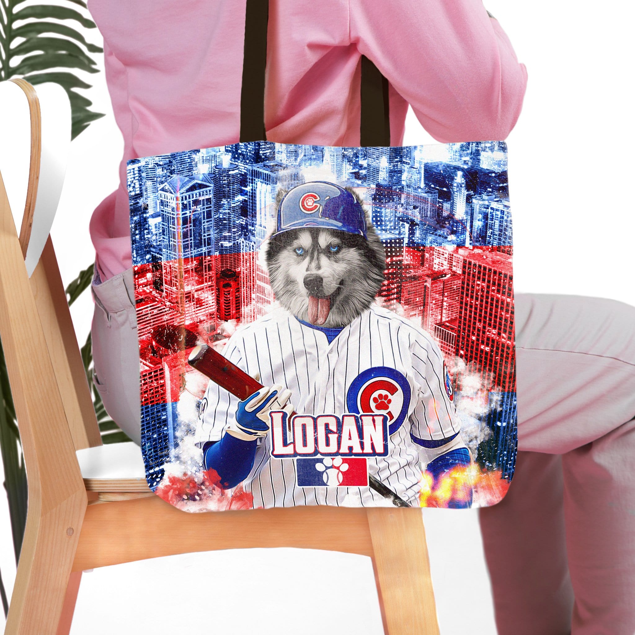 Personalized Chicago Cubdogs tote bag with a husky pet portrait in a baseball uniform.