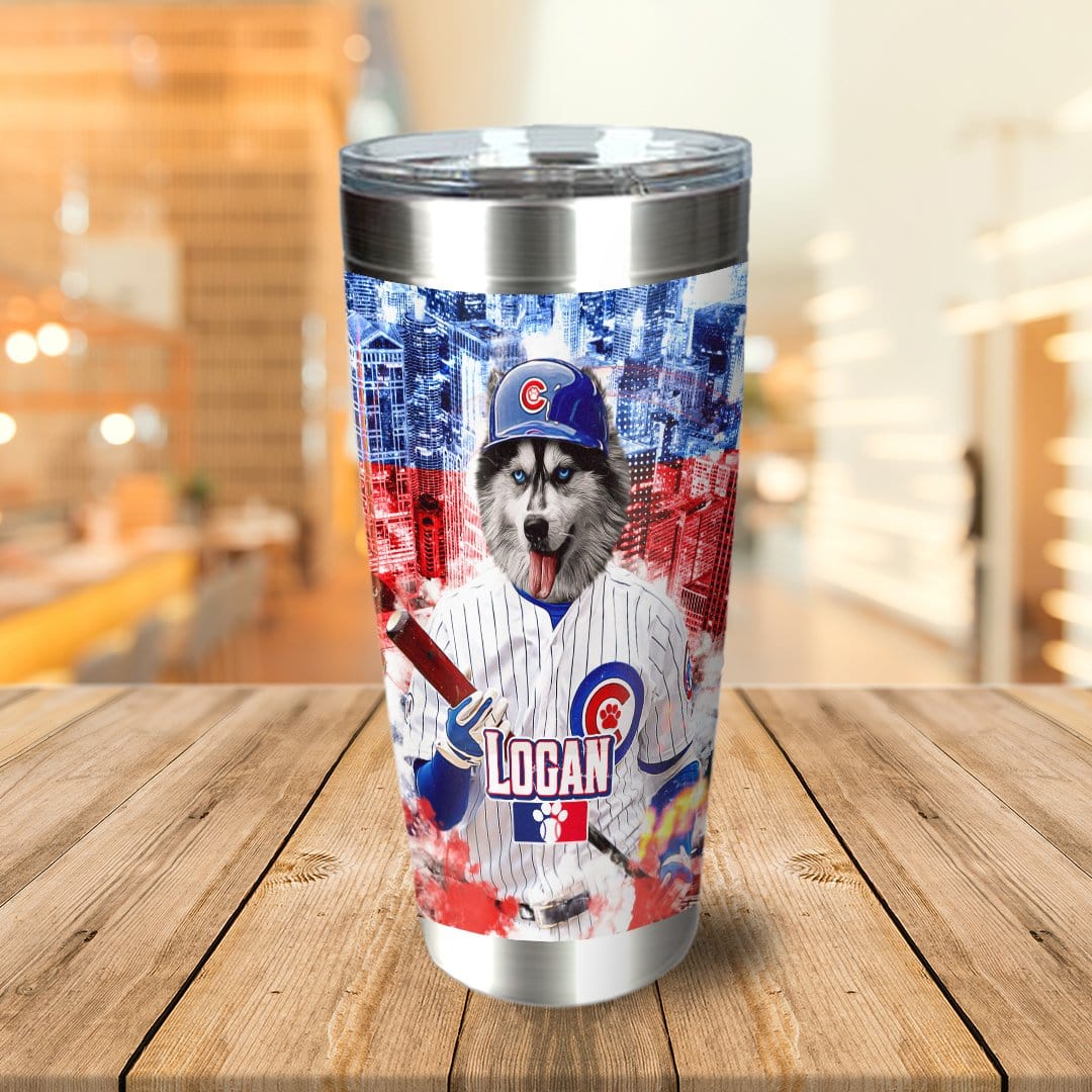 Personalized stainless steel tumbler with a husky dog in a Chicago Cubs baseball uniform.