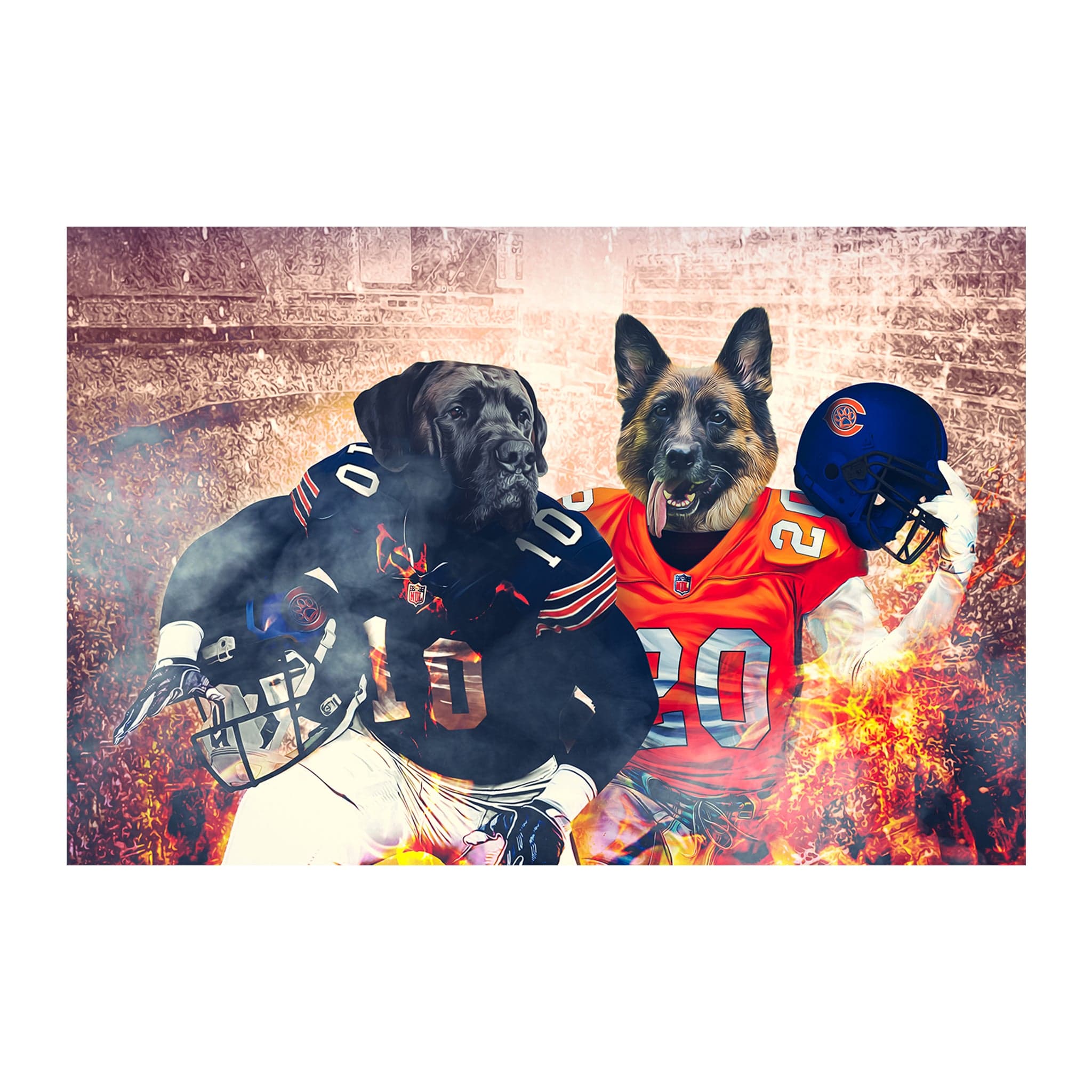 Personalized digital portrait of two dogs as football players in Chicago Bears and Broncos jerseys.