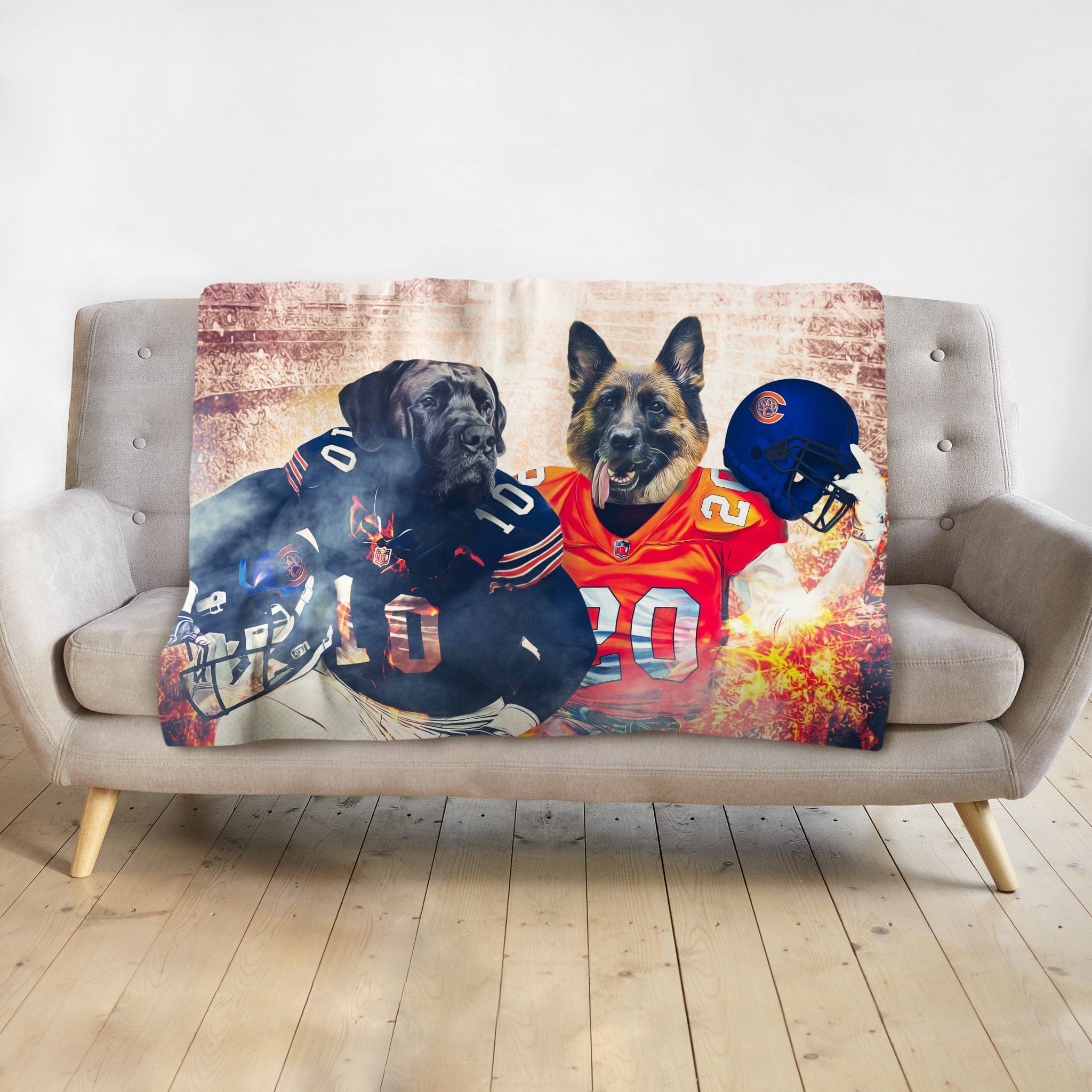 Personalized minky blanket with two dogs in Chicago Bears and Broncos football uniforms.