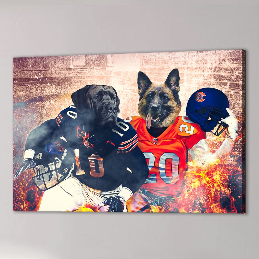 Custom canvas featuring two dogs as football players, one in a dark uniform, the other in orange, with a fiery background.