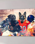 Custom canvas featuring two dogs as football players, one in a dark uniform, the other in orange, with a fiery background.