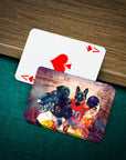 Personalized playing cards featuring two custom dog portraits in football uniforms on a green felt table.