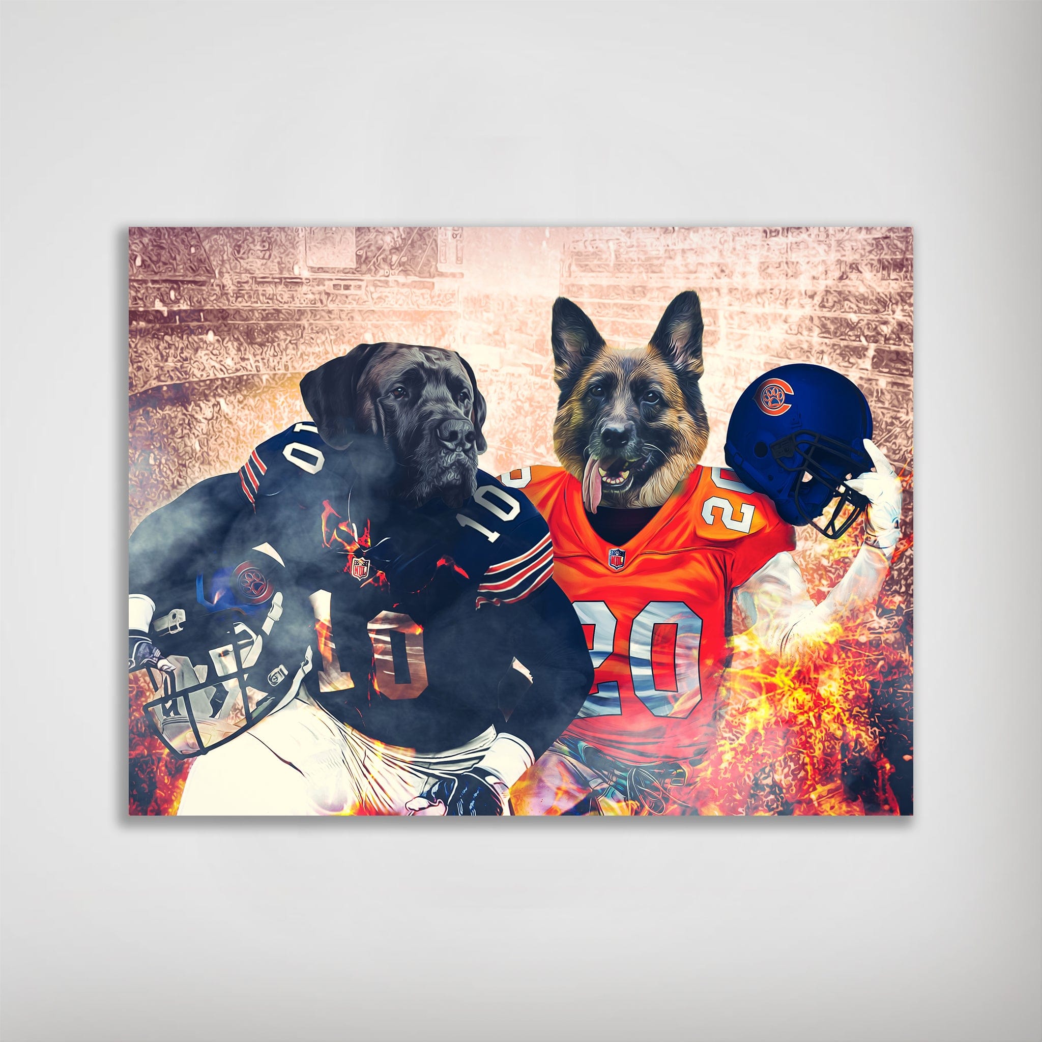 Personalized 'Chicago Doggos' poster featuring a black lab in a Bears uniform and a German Shepherd in a Broncos uniform, surrounded by smoke and fire.