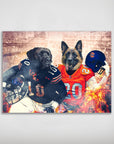 Personalized 'Chicago Doggos' poster featuring a black lab in a Bears uniform and a German Shepherd in a Broncos uniform, surrounded by smoke and fire.
