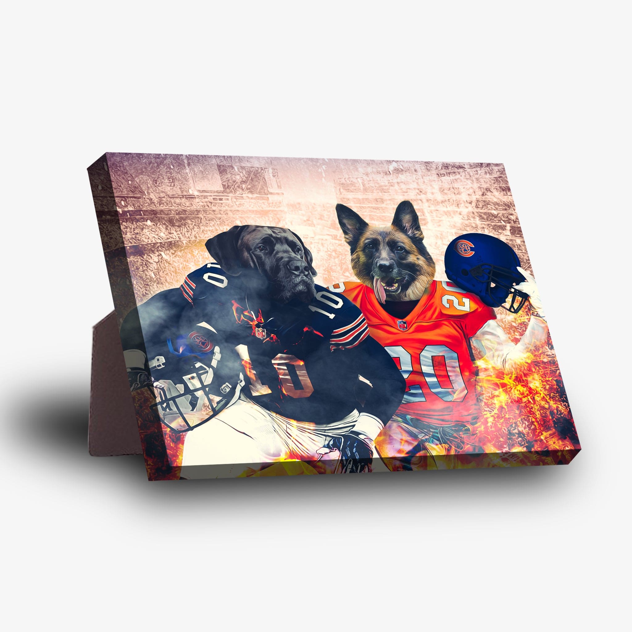 Personalized standing canvas featuring two dogs in Chicago Bears and Denver Broncos football uniforms.
