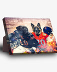 Personalized standing canvas featuring two dogs in Chicago Bears and Denver Broncos football uniforms.