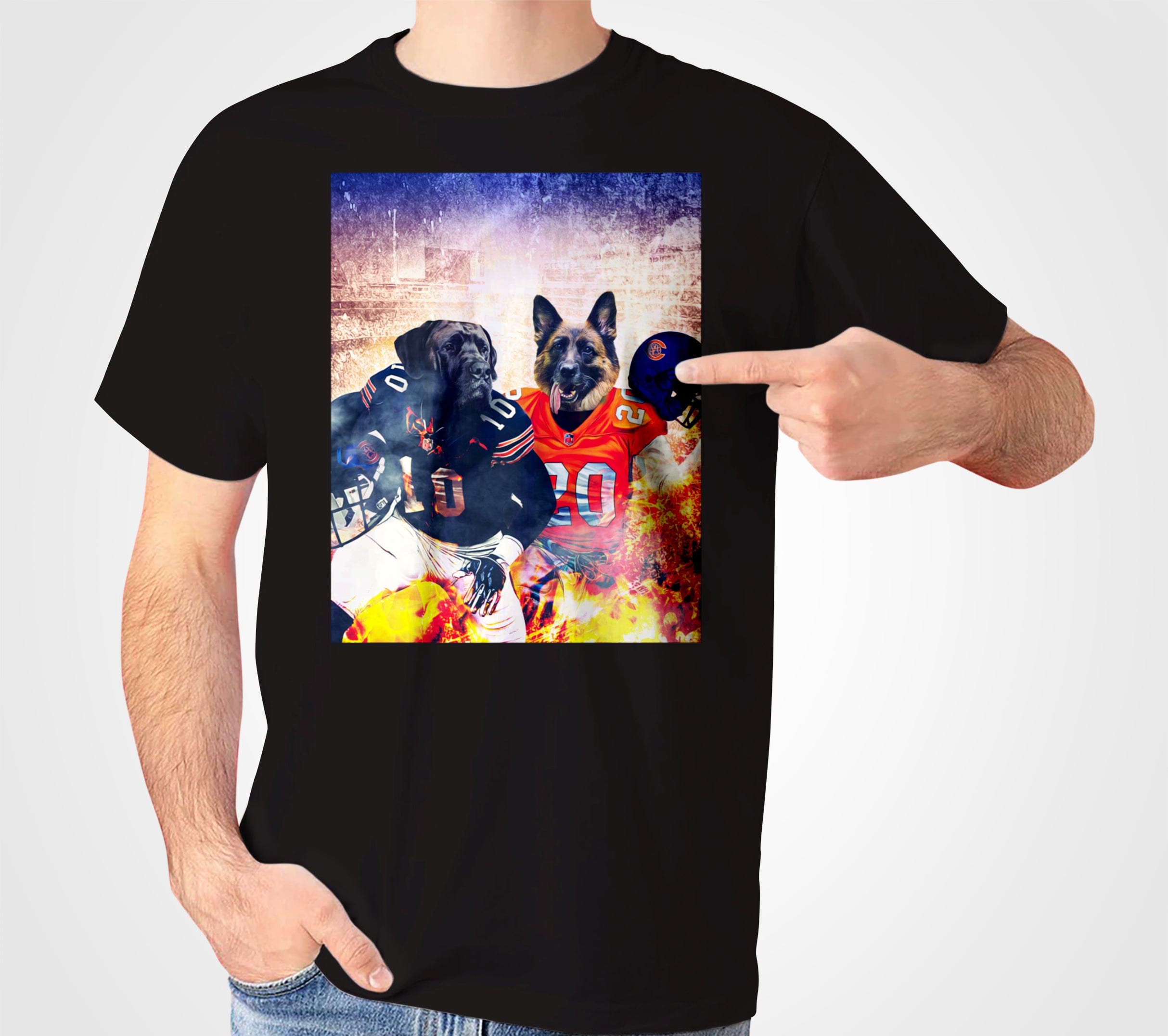 Black Gildan t-shirt with a personalized graphic of two dogs in Chicago Bears football uniforms.