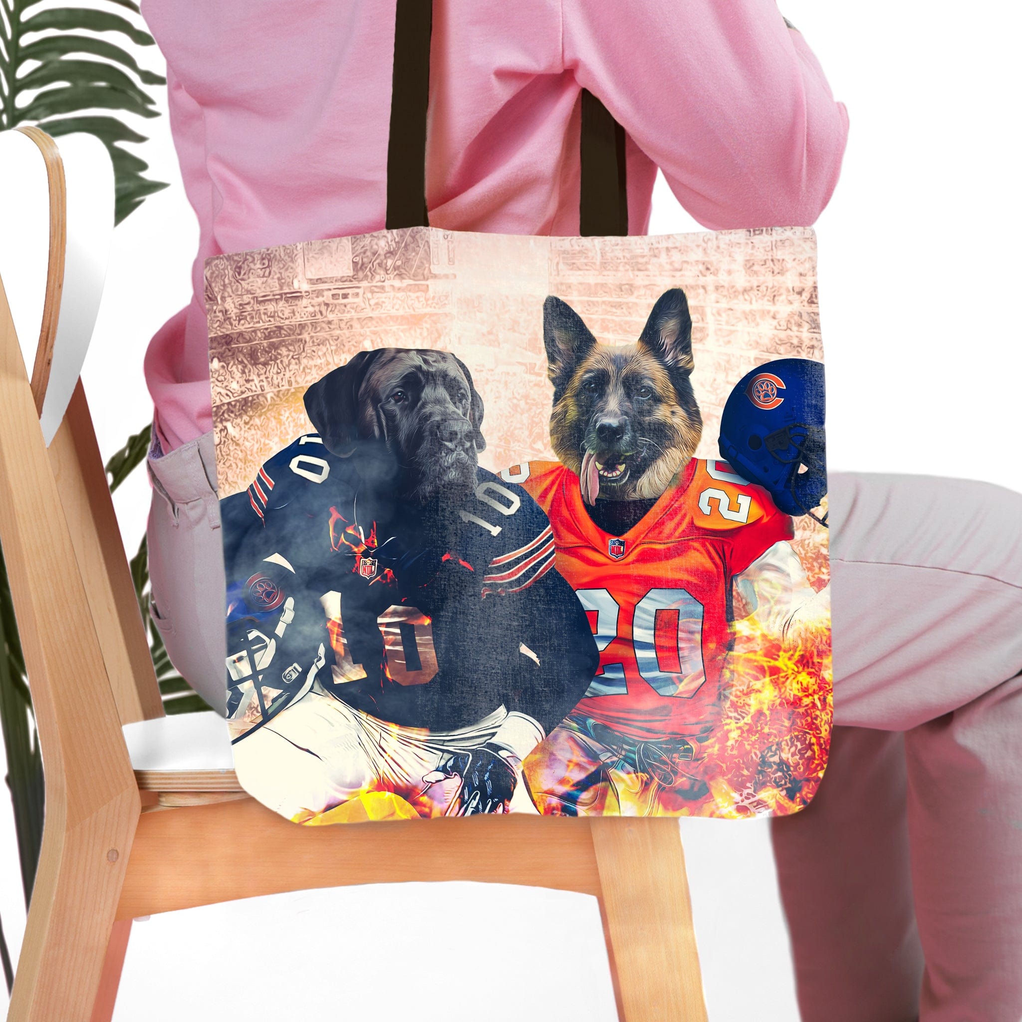 Personalized tote bag with two dogs in Chicago Bears football uniforms, custom pet portrait art.