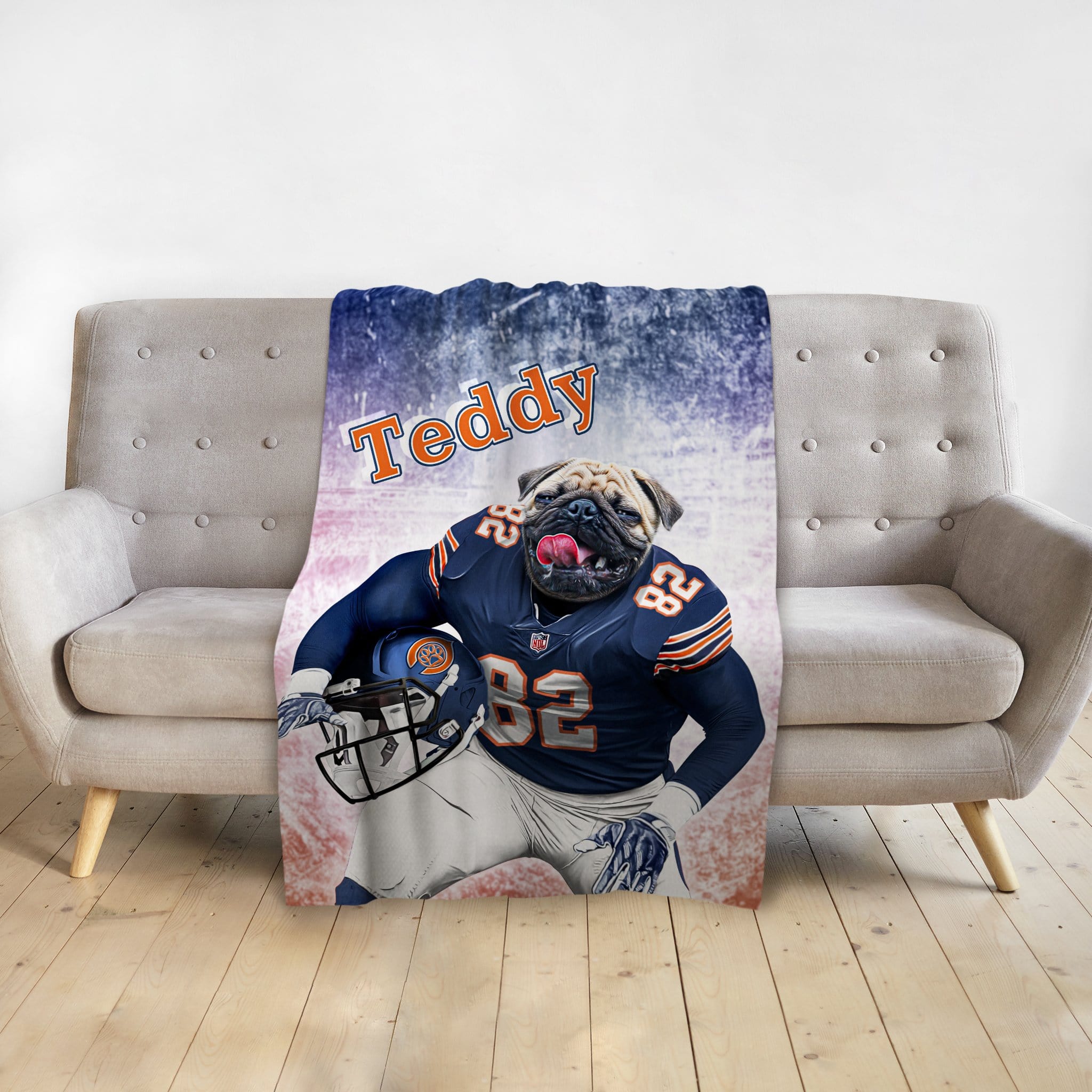 Personalized pet blanket with a pug dog in a Chicago Bears football uniform, named "Teddy".