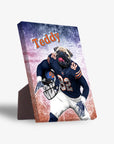 Personalized Chicago Doggos standing canvas featuring a pug in a navy football uniform with "Teddy" printed.