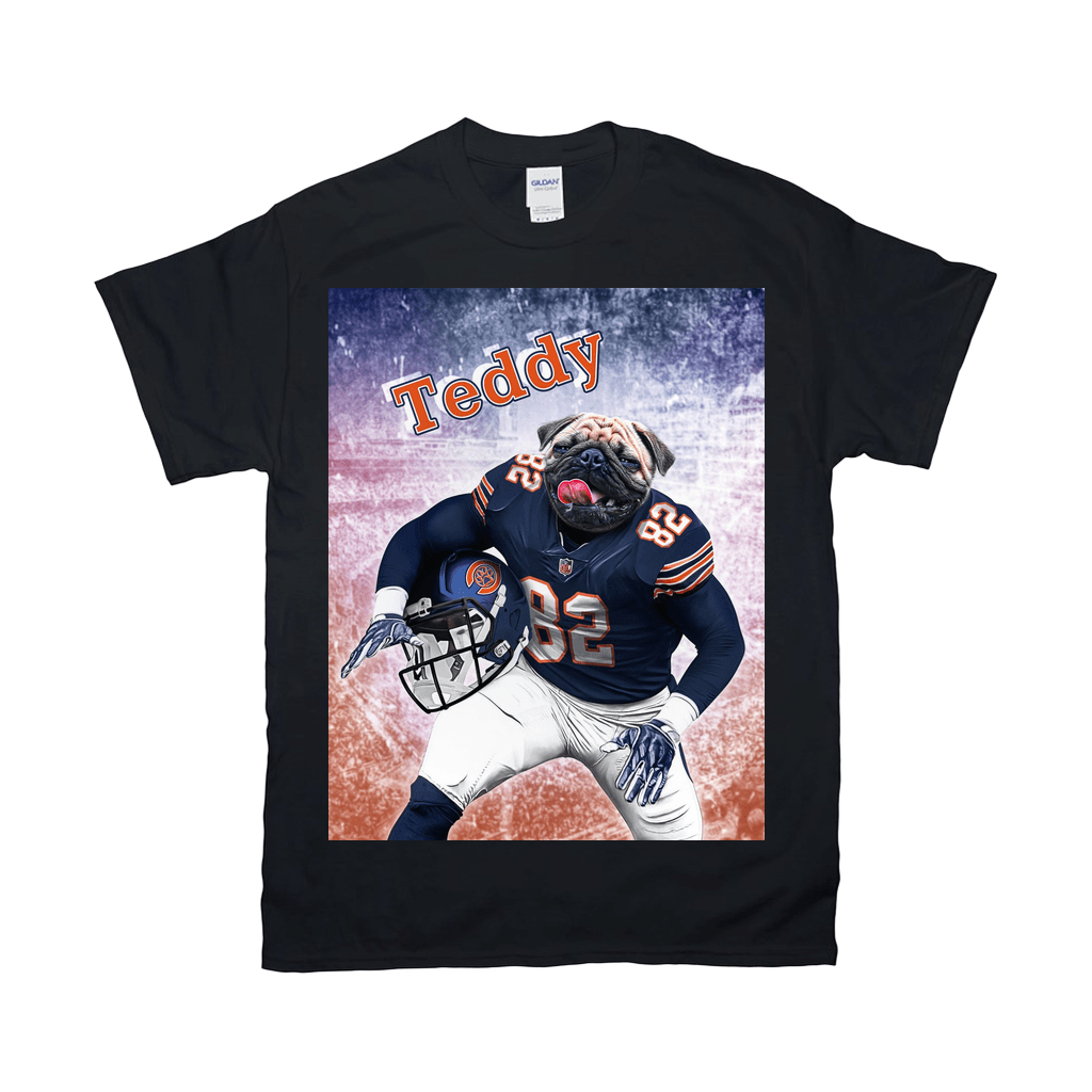 Black Gildan t-shirt with a personalized design of a pug in a Chicago Bears football uniform, named "Teddy.