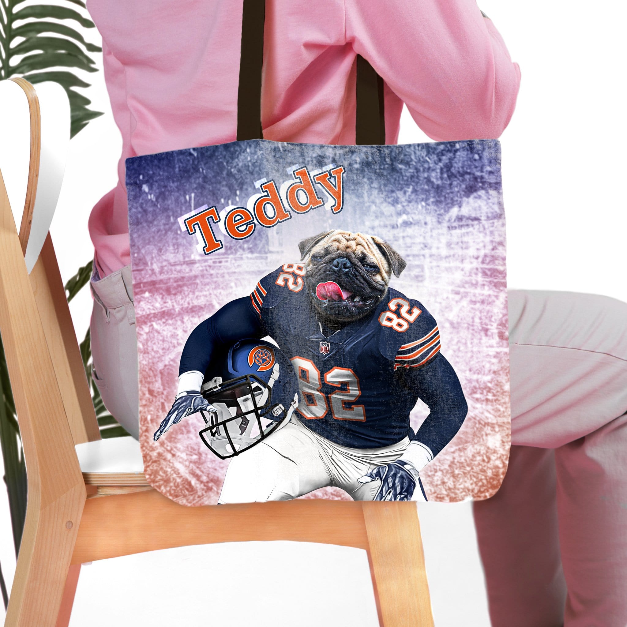 Personalized tote bag with a custom pug pet portrait in a Chicago Bears football uniform.