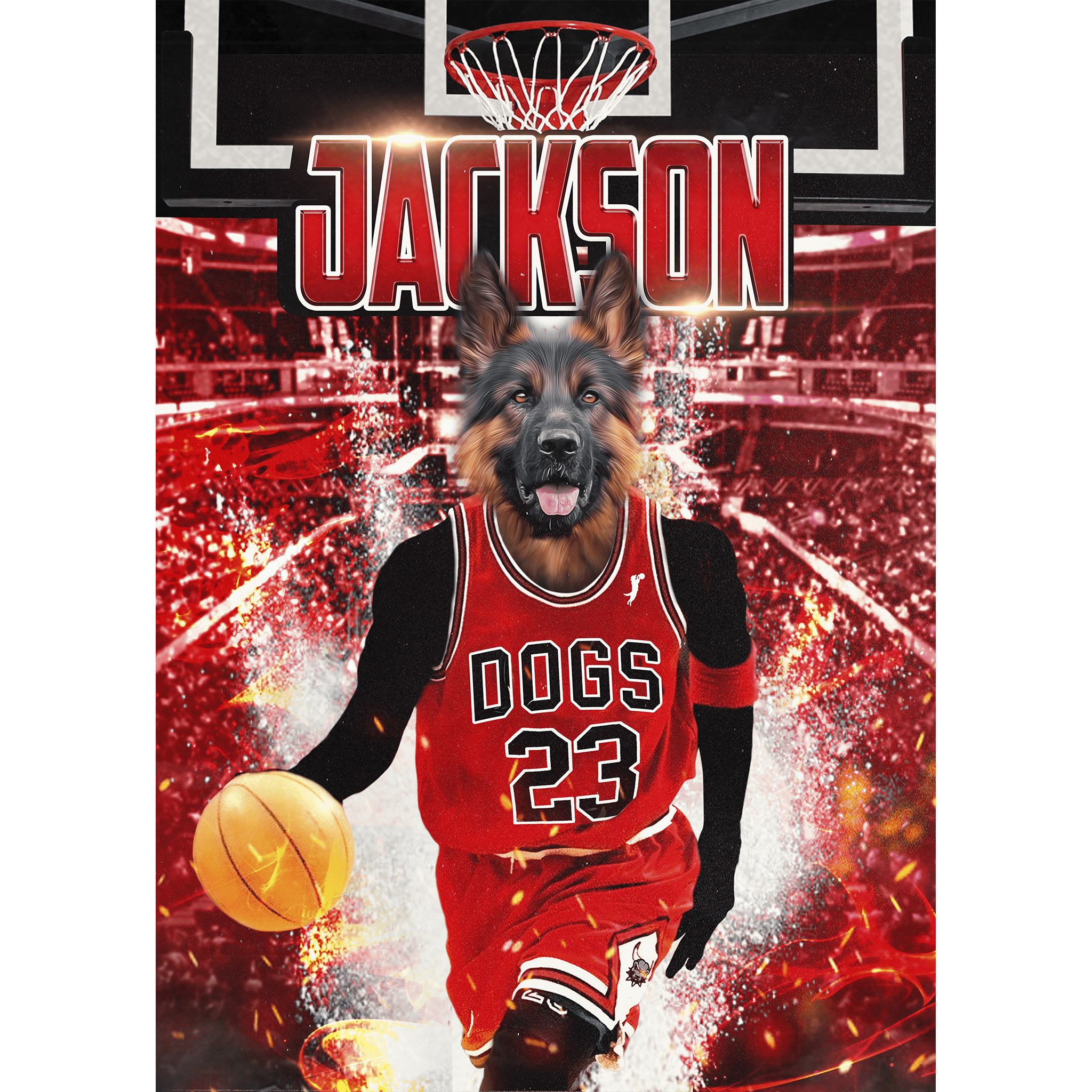 Personalized Chicago Dogs digital portrait featuring a German Shepherd in a basketball uniform.