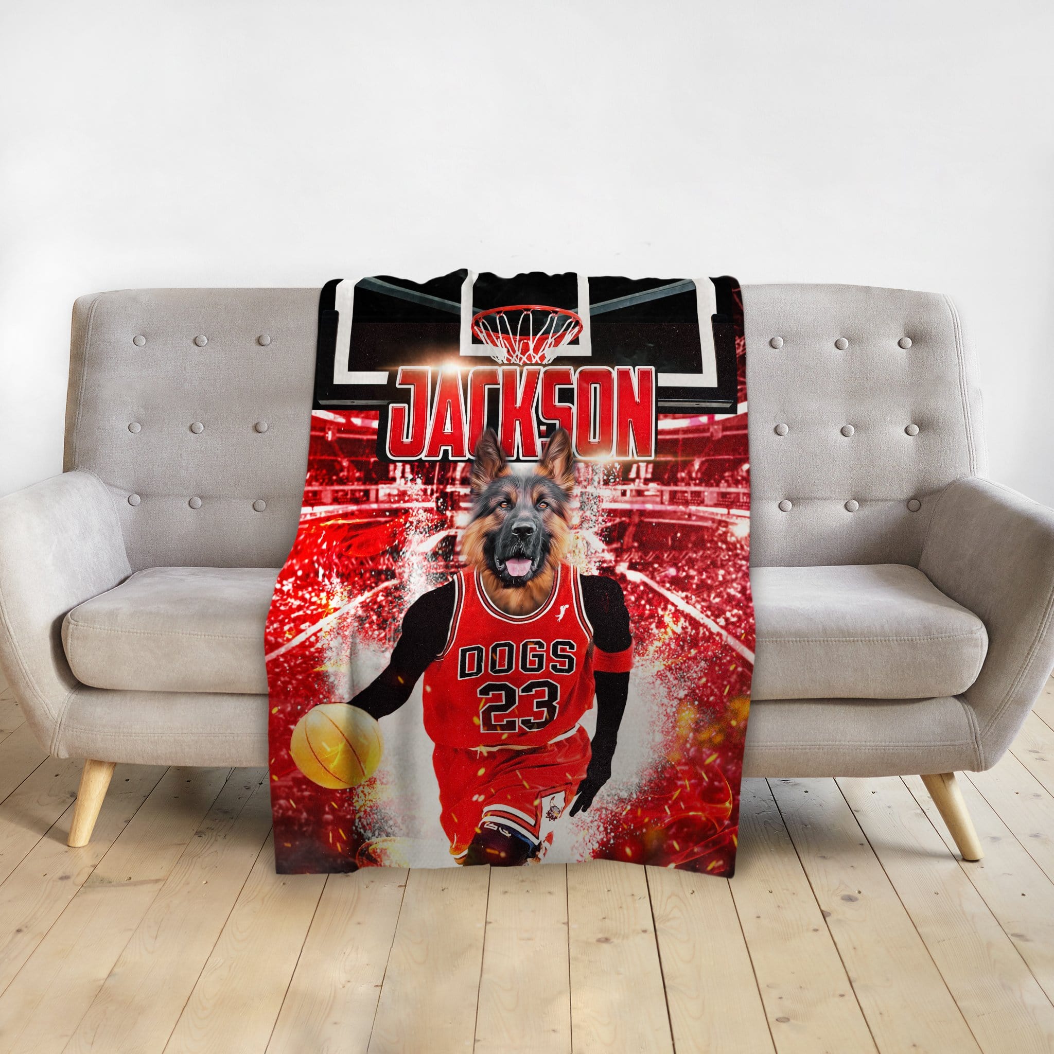 Personalized pet blanket featuring a German Shepherd dog in a red basketball uniform, dribbling on a court.