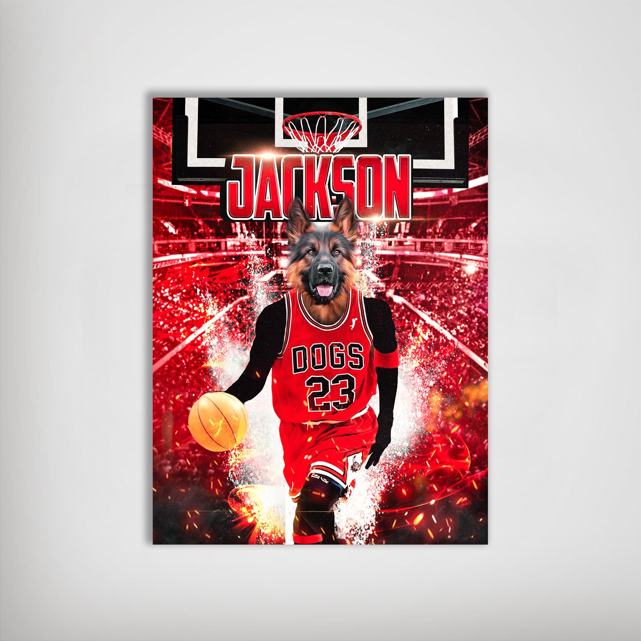 Personalized pet poster featuring a German Shepherd in a red basketball jersey, dribbling on a court.