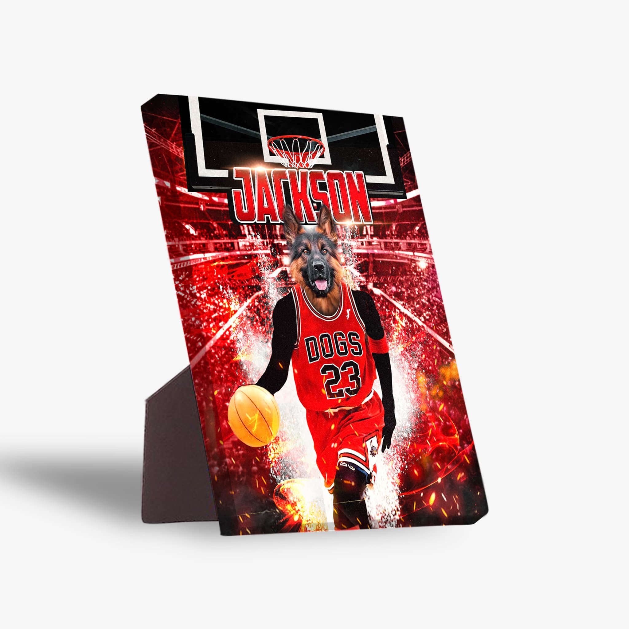 Personalized pet standing canvas featuring a German Shepherd in a red basketball jersey with "JACKSON" and "DOGS 23" on a court.