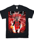 Black Gildan t-shirt with a German Shepherd in a red basketball jersey, dribbling, against a red court.