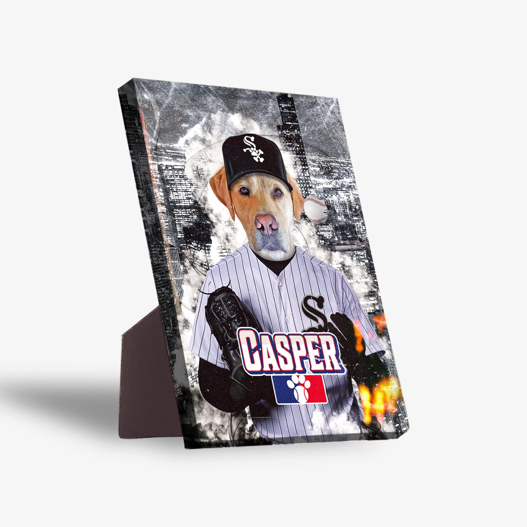 Personalized 'Chicago White Paws' pet standing canvas featuring a dog in a baseball uniform.