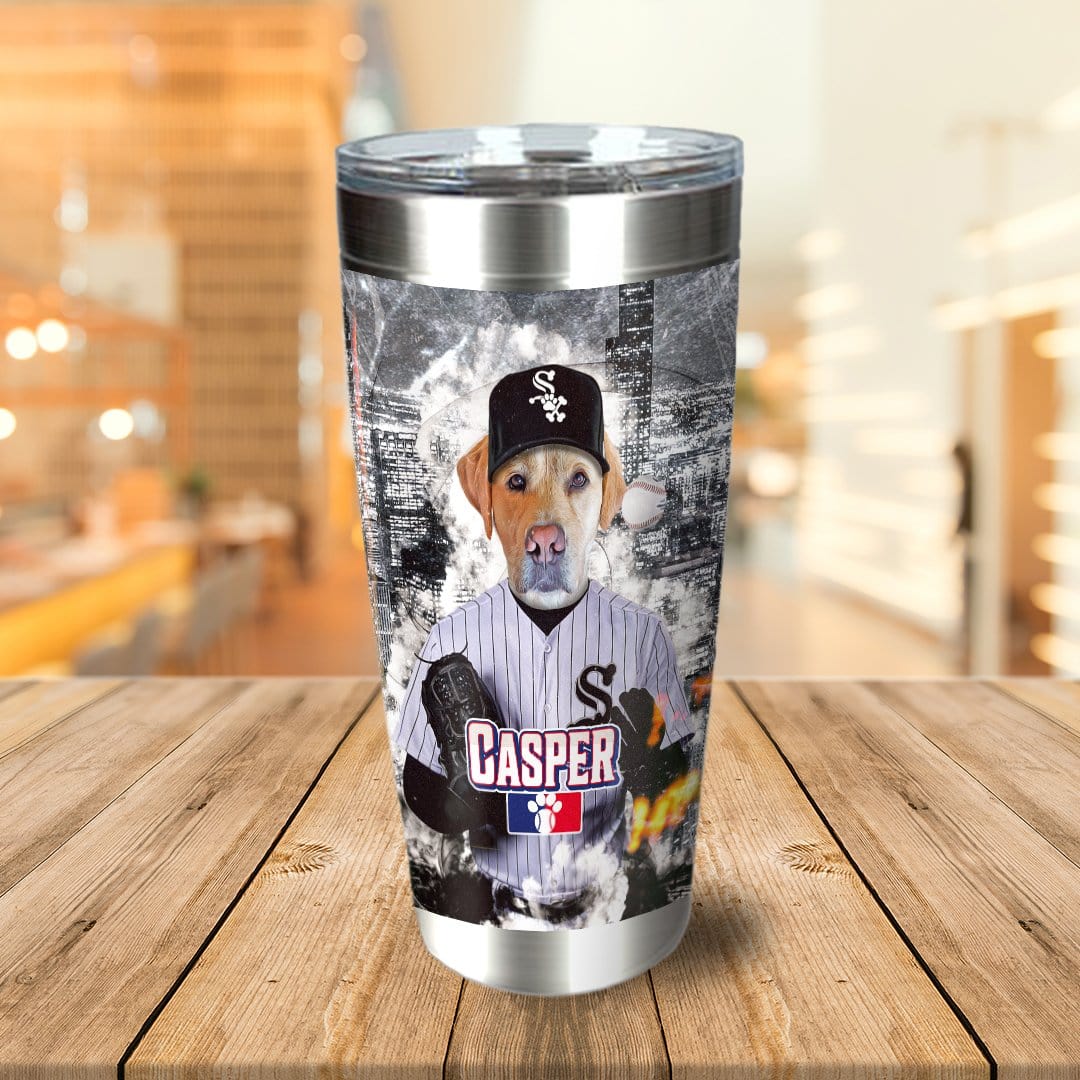 Personalized stainless steel tumbler with a dog in a Chicago White Sox baseball uniform.