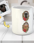 Taza con corona navideña personalizada para 2 mascotas