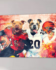 Custom canvas featuring two dogs in football uniforms, a pit bull in red and a bulldog in white.
