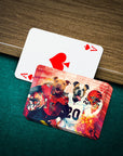 Personalized playing cards featuring two dogs in football uniforms, one Ace of Spades card visible.