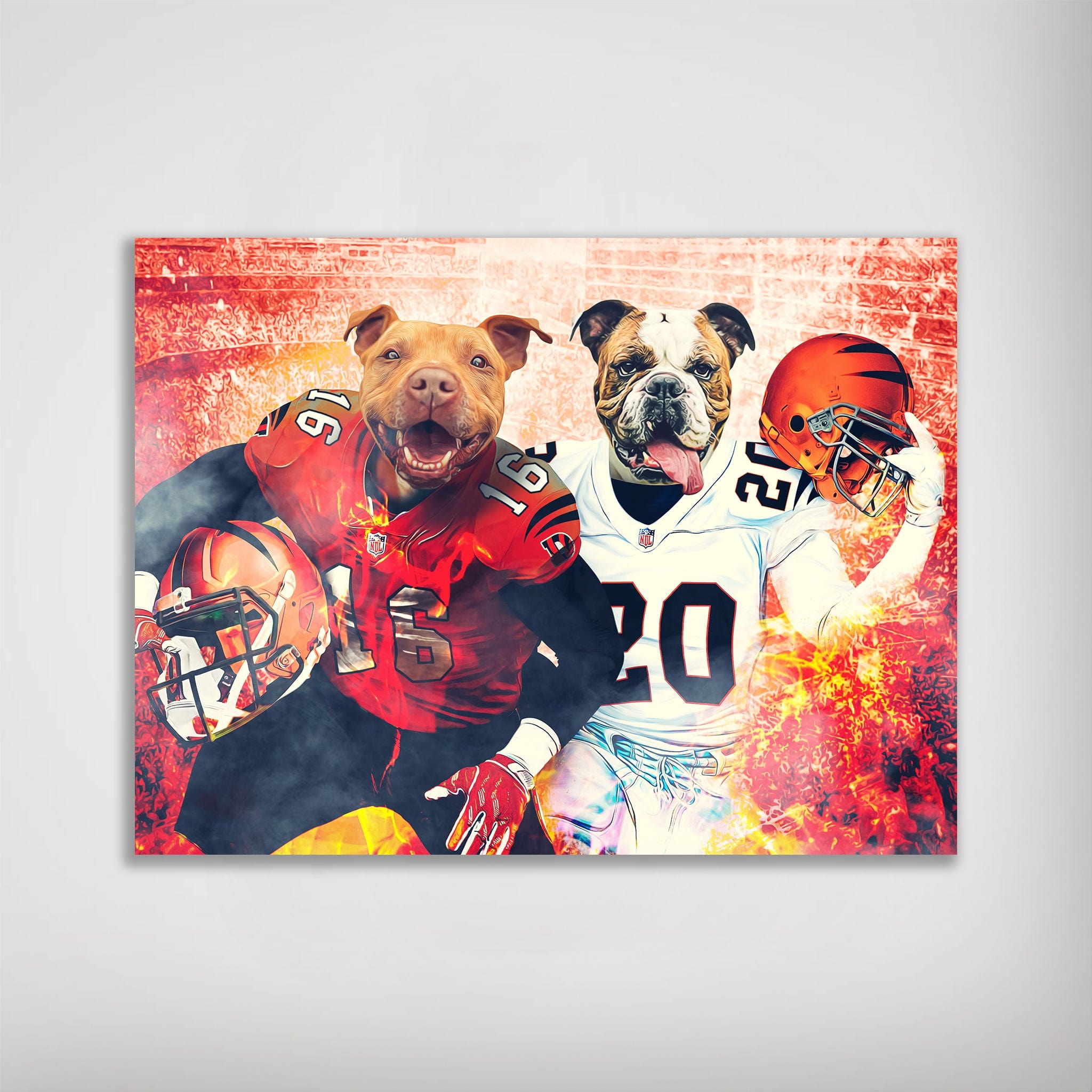 Personalized poster featuring two pets as football players in red and white jerseys with helmets.
