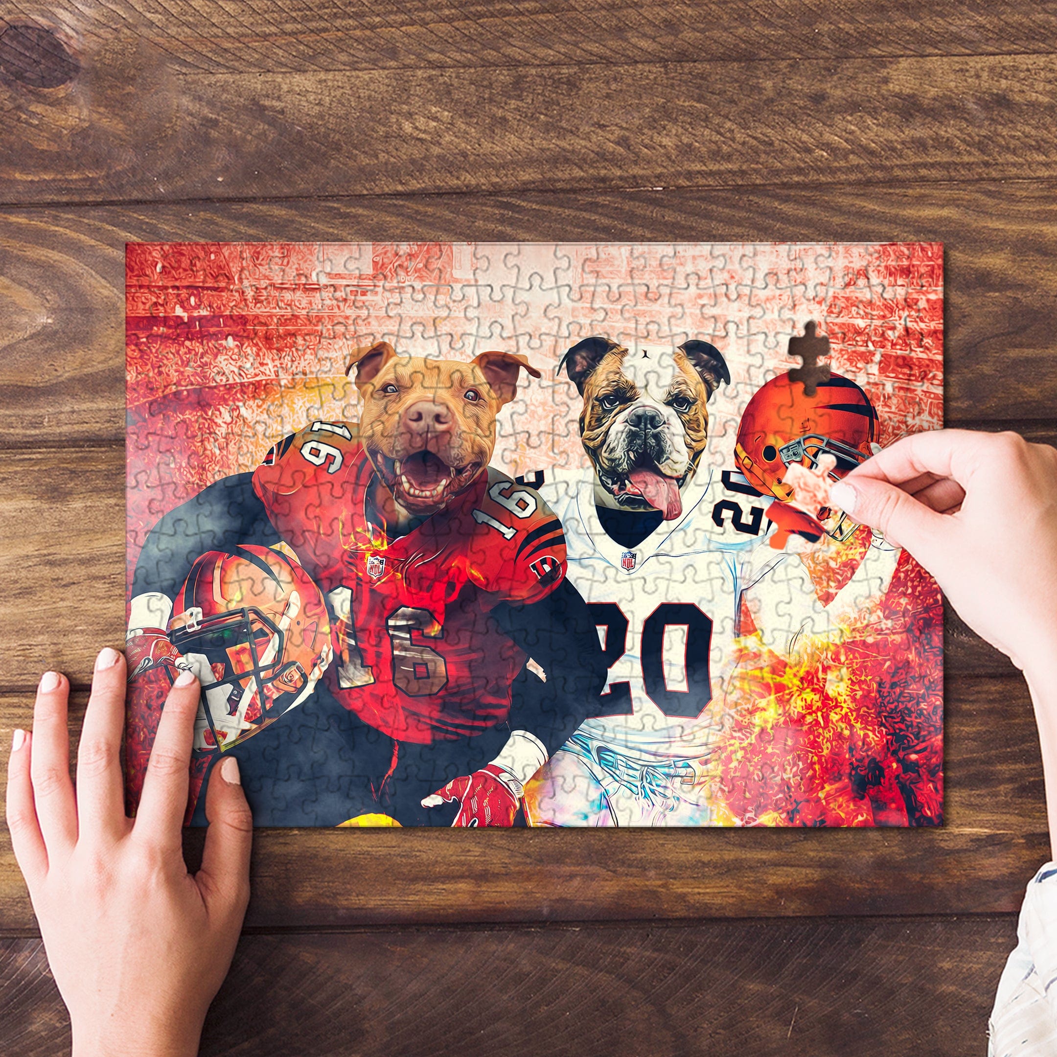 Personalized 2 pet puzzle featuring a pitbull and bulldog in Cincinnati football uniforms.